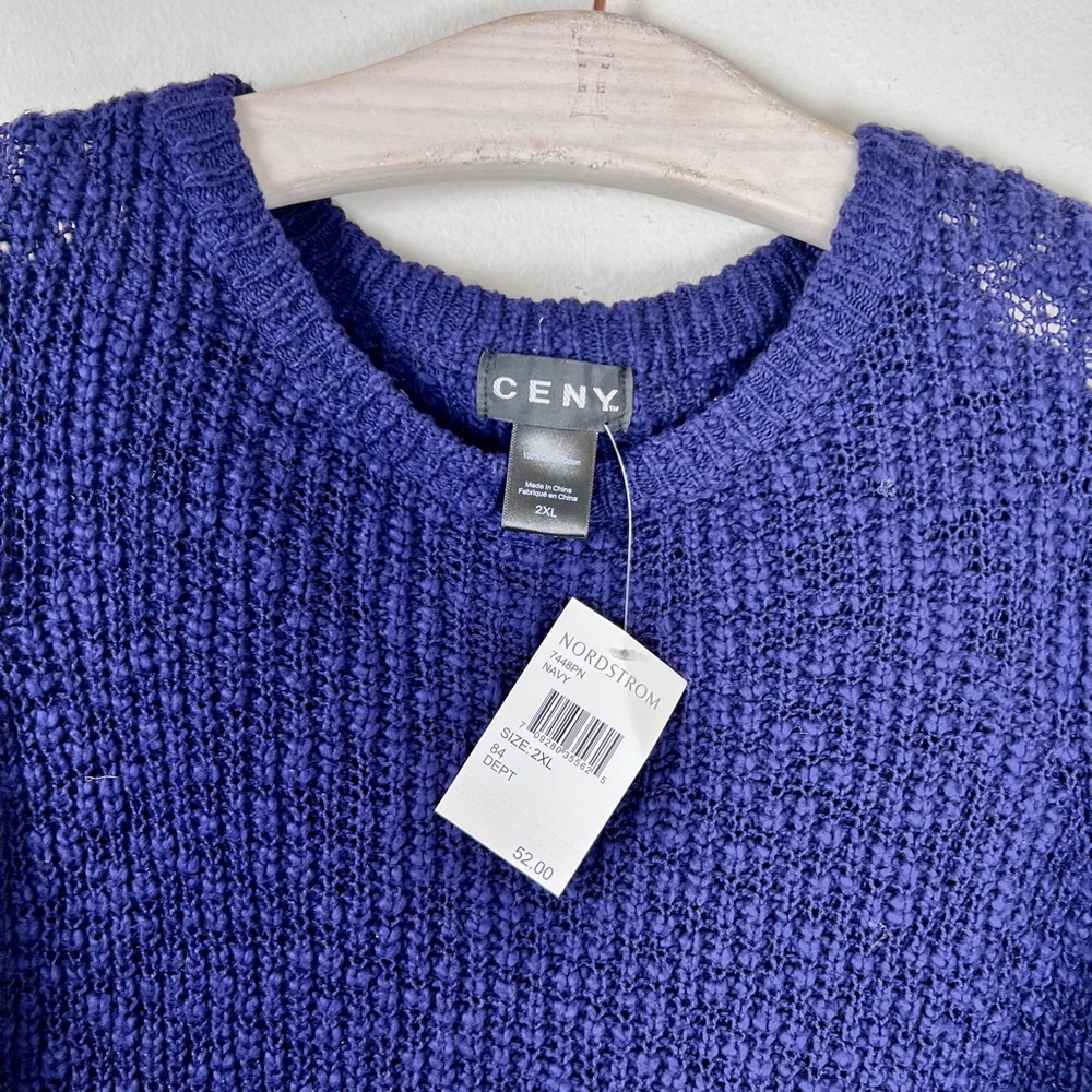 Ceny Womens Blue Open Knit Crew Neck Long Sleeve Sweater - Picture 4 of 6